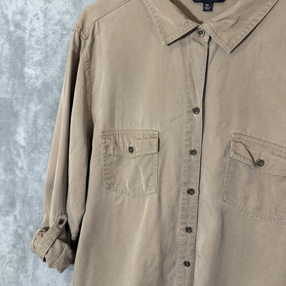 John Mark Top XL Tan Mixed Media Floral Long Sleeve  Boho Roll Tab Sleeve - Picture 8 of 8